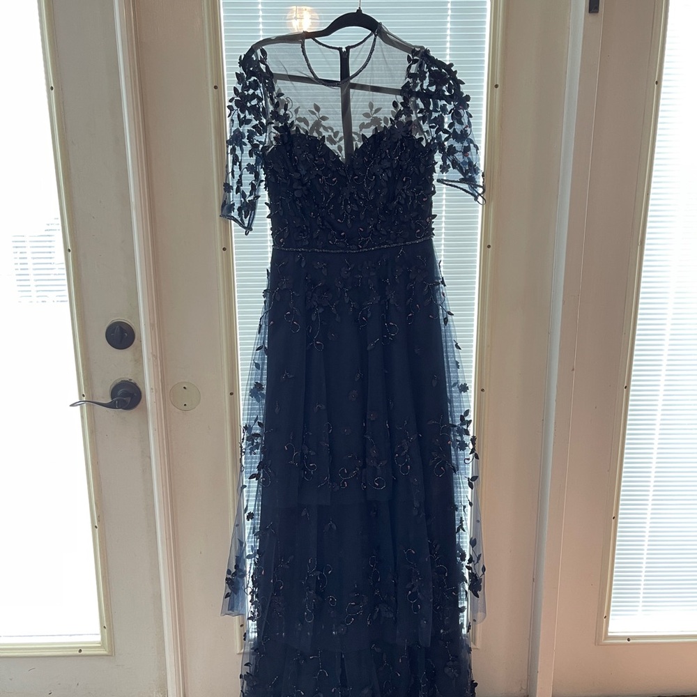 Theia Blue Flutter Sleeve Sweetheart Gown